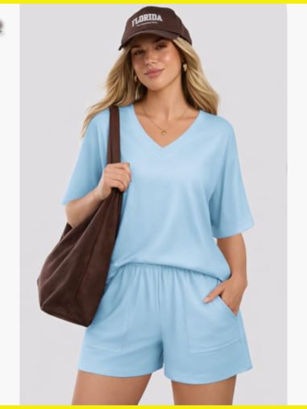 V-Neck Lounge Short Set Summer Casual Loose Fit Batwing Sleeves Pockets - Picture 3 of 7
